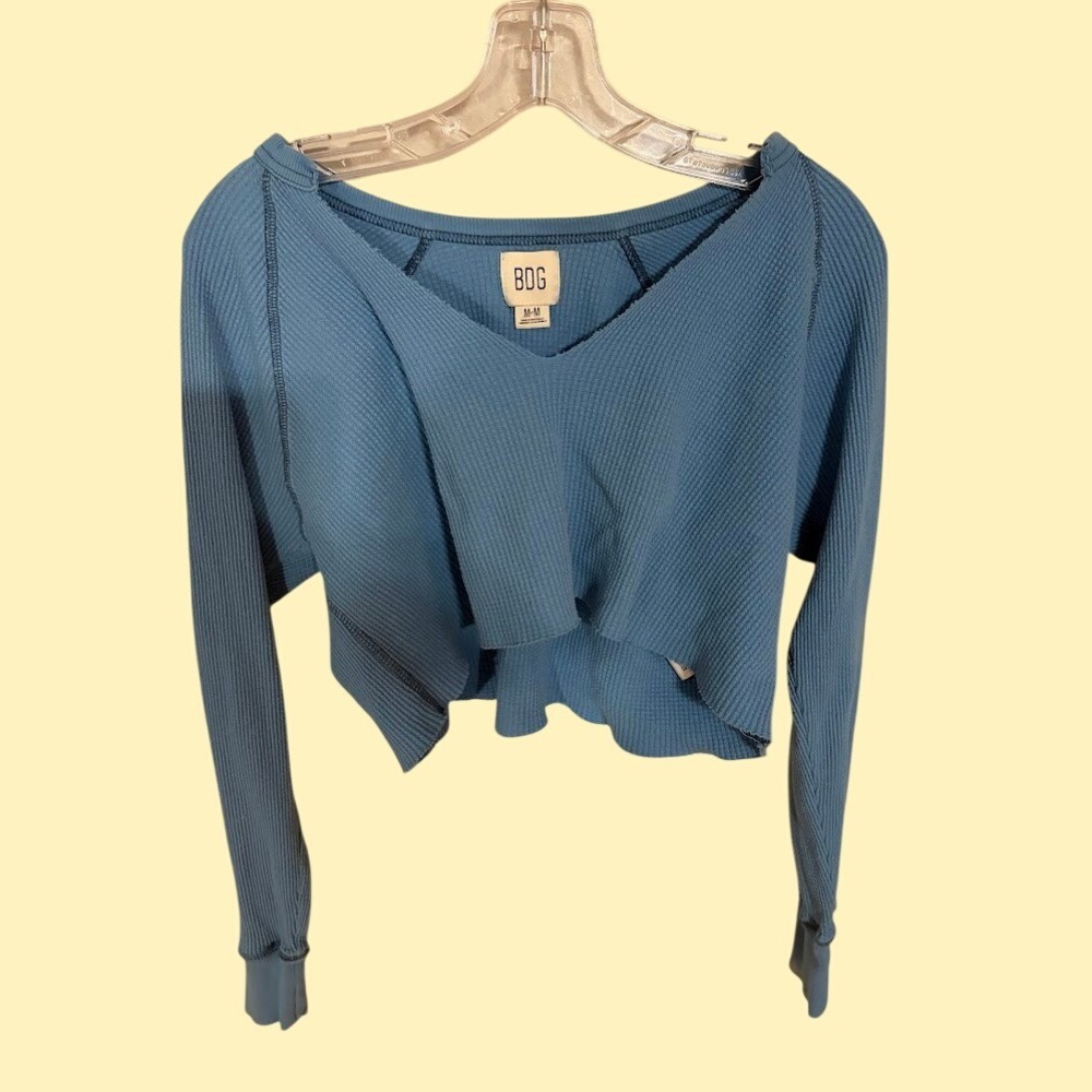 BDG Urban Outfitters Blue Waffle Knit Thermal V-Neck‎ Cropped Long Sleeve Top M